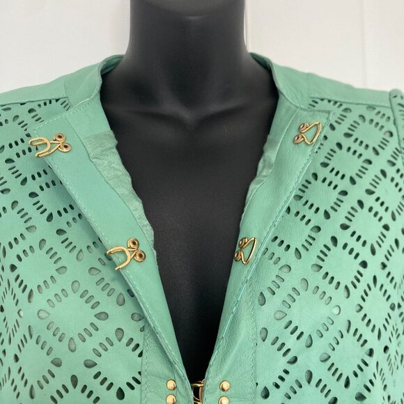 Luisa Spagnoli Long Sleeve Teal Genuine Leather Jacket Women's Size Medium 40 - Picture 4 of 9